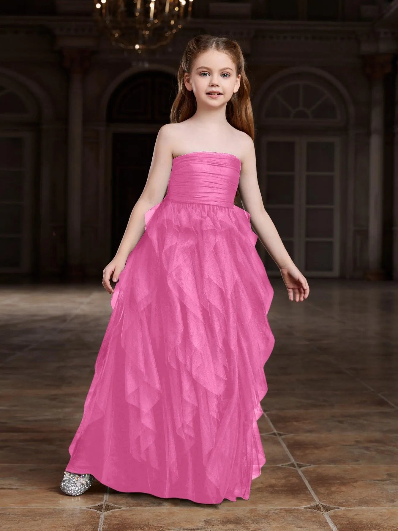 Additional product view of Layered Hem Strapless A-Line Sleeveless Mesh Tween Girls' Party Dress