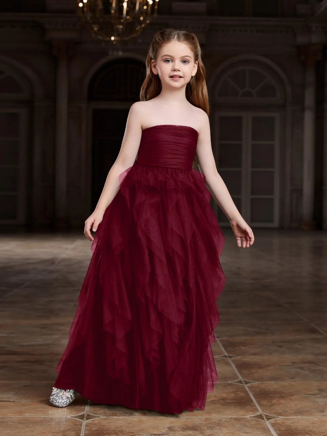 Additional product view of Layered Hem Strapless A-Line Sleeveless Mesh Tween Girls' Party Dress