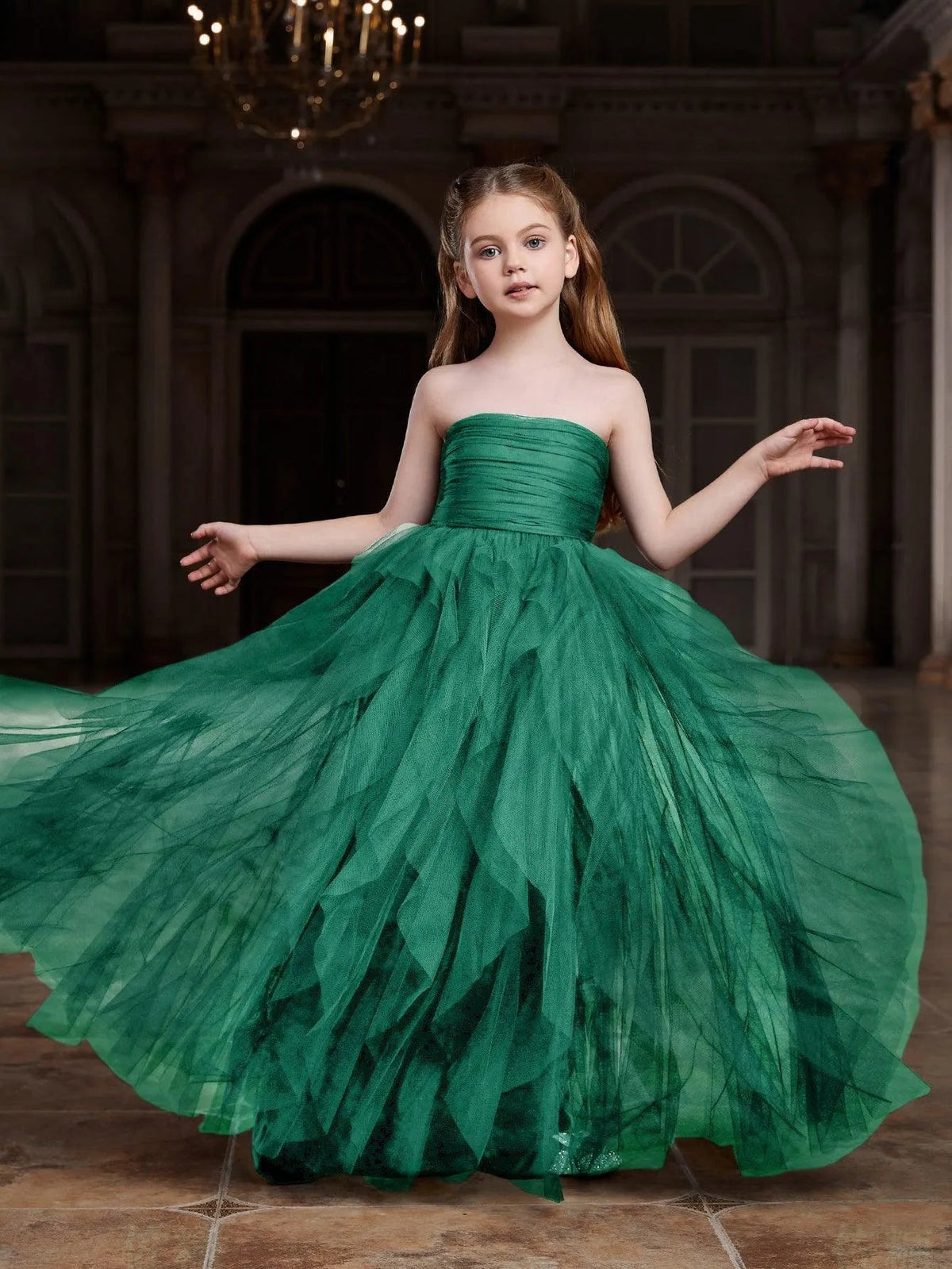 Alternate view of Layered Hem Strapless A-Line Sleeveless Mesh Tween Girls' Party Dress in Dark Green