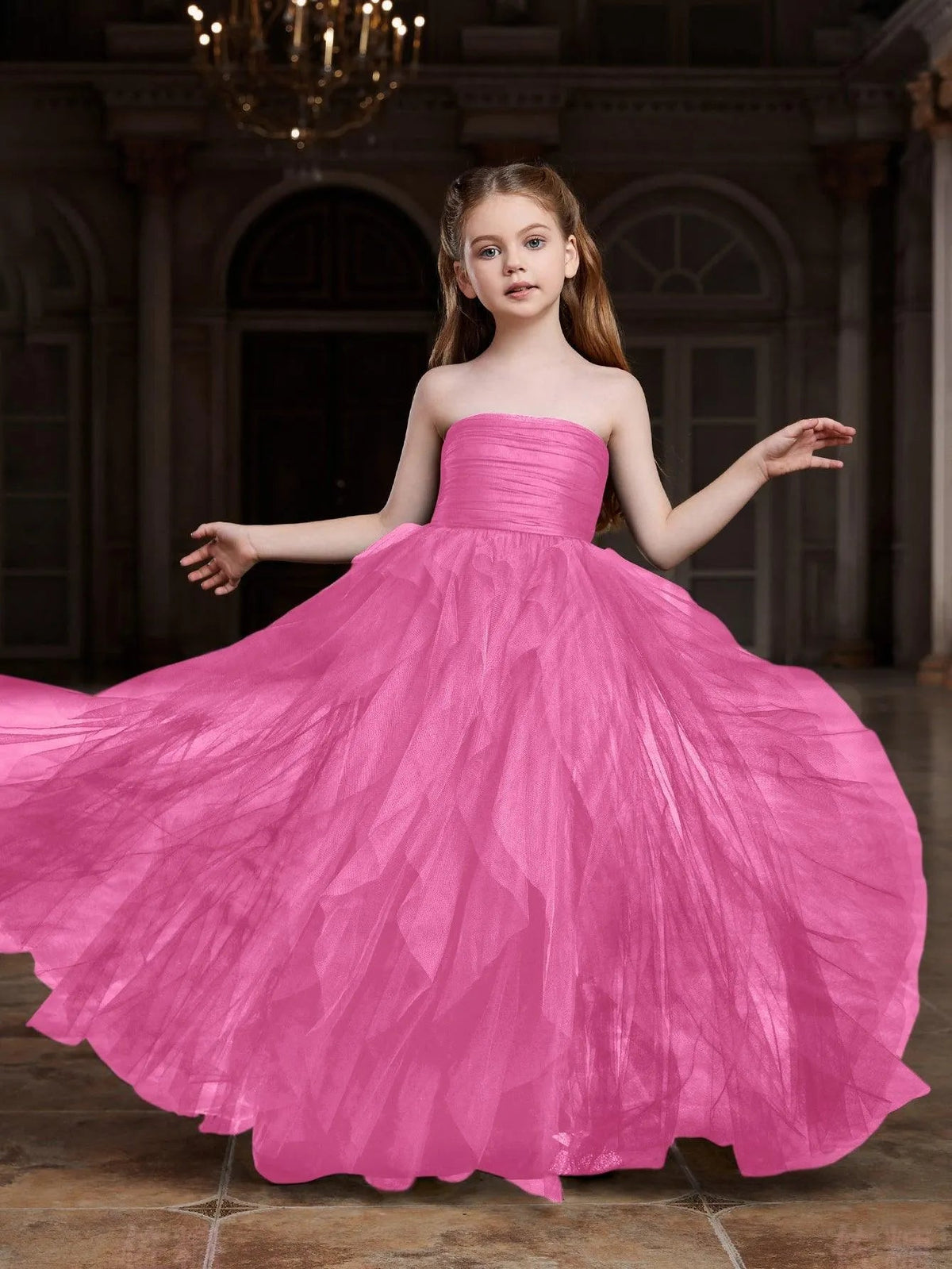 Additional product view of Layered Hem Strapless A-Line Sleeveless Mesh Tween Girls' Party Dress