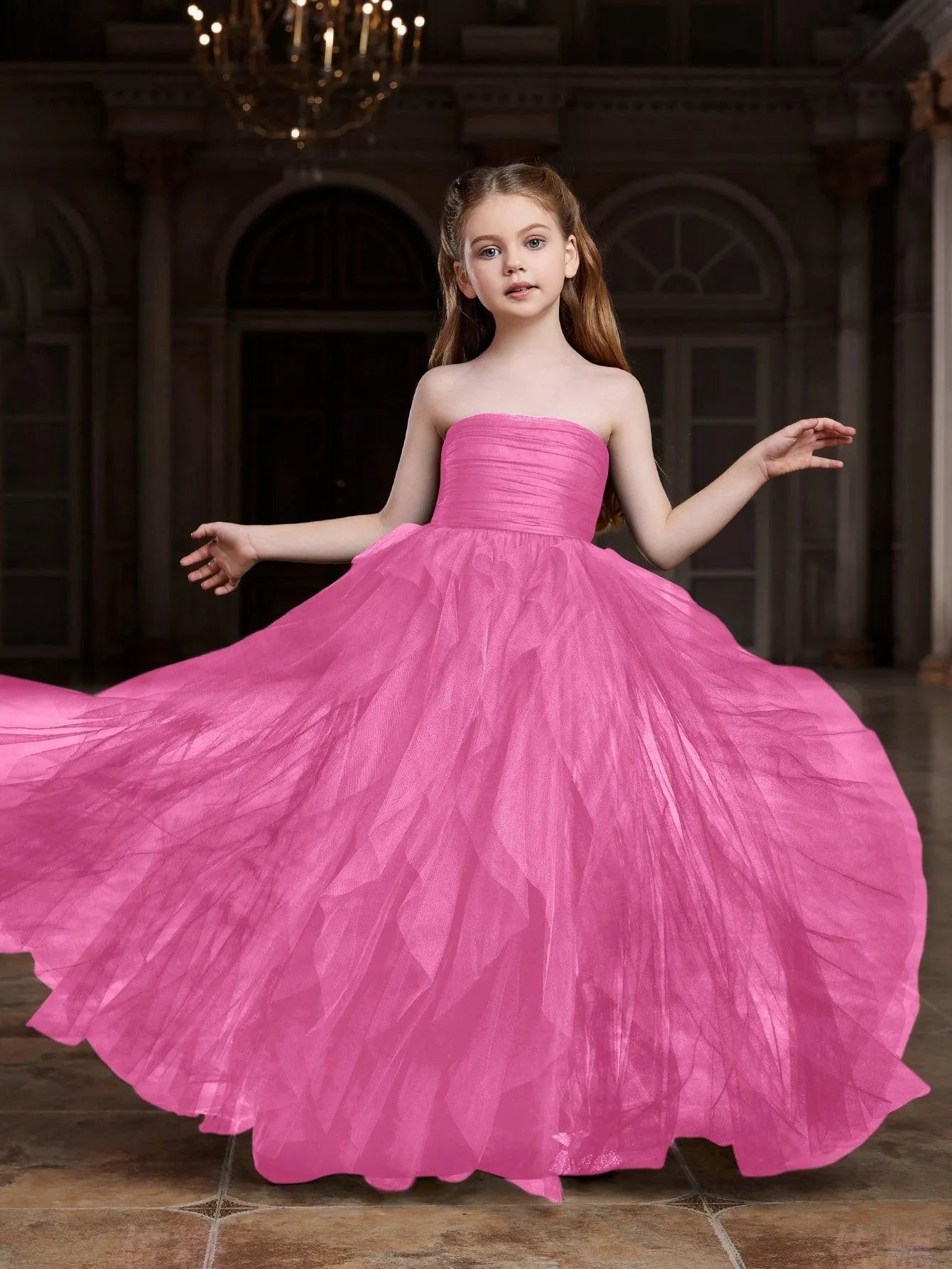 Additional product view of Layered Hem Strapless A-Line Sleeveless Mesh Tween Girls' Party Dress