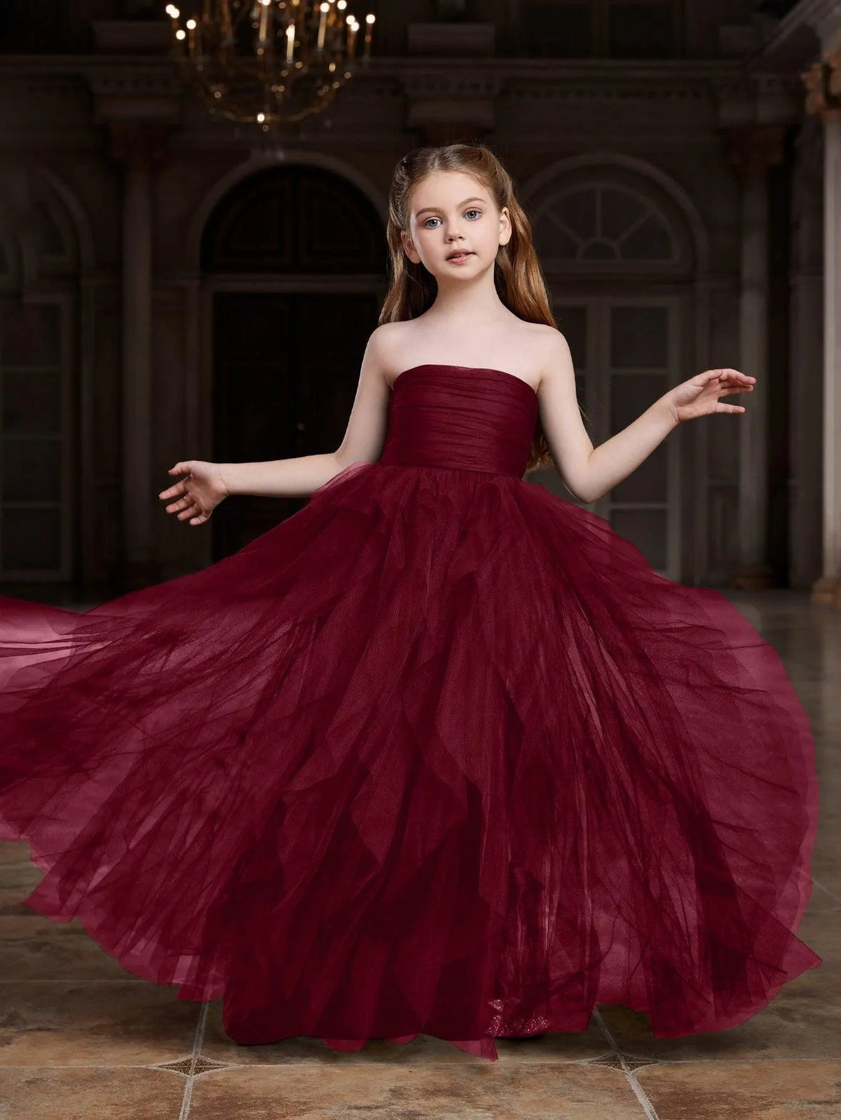 Additional product view of Layered Hem Strapless A-Line Sleeveless Mesh Tween Girls' Party Dress
