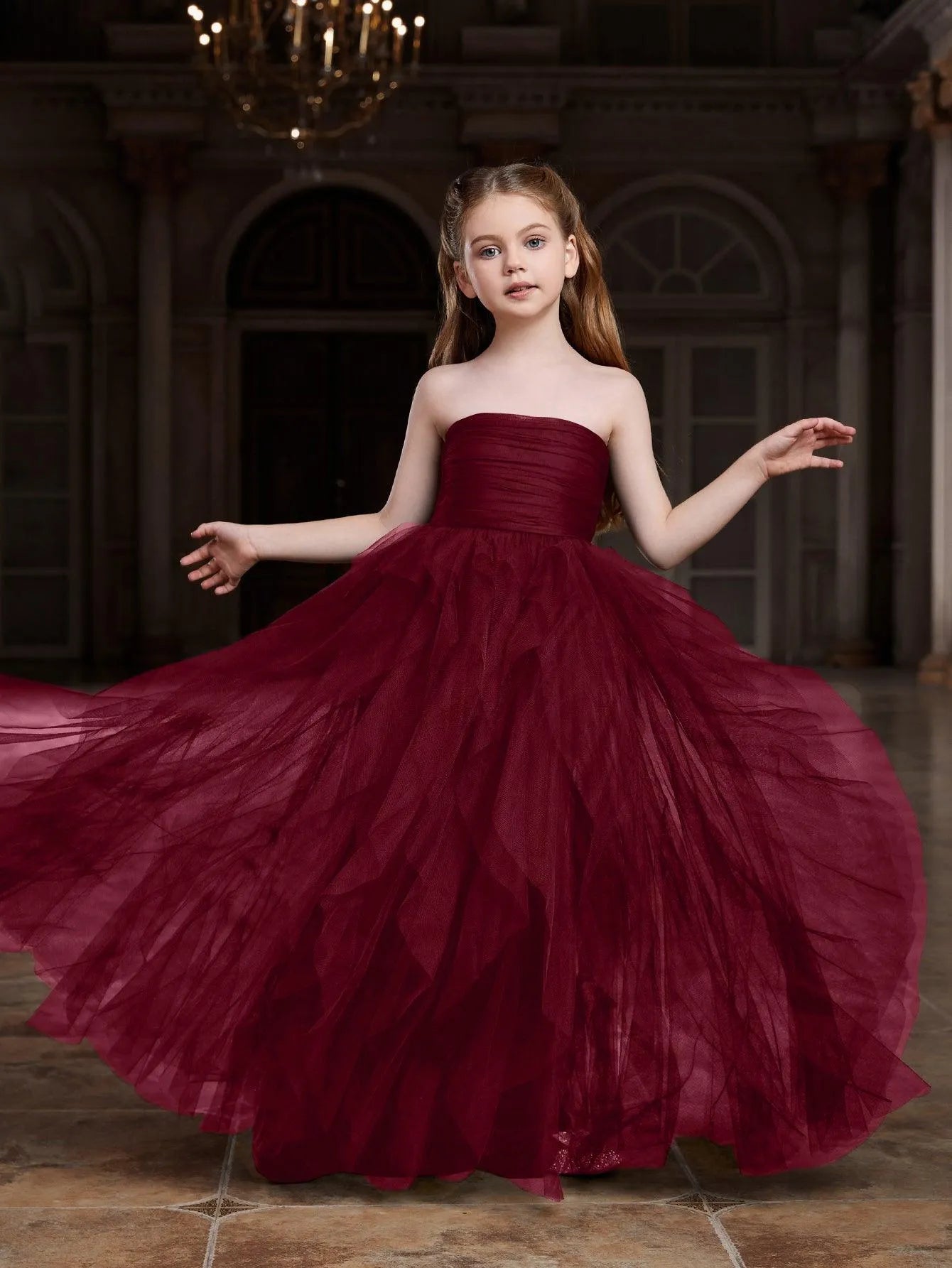 Additional product view of Layered Hem Strapless A-Line Sleeveless Mesh Tween Girls' Party Dress