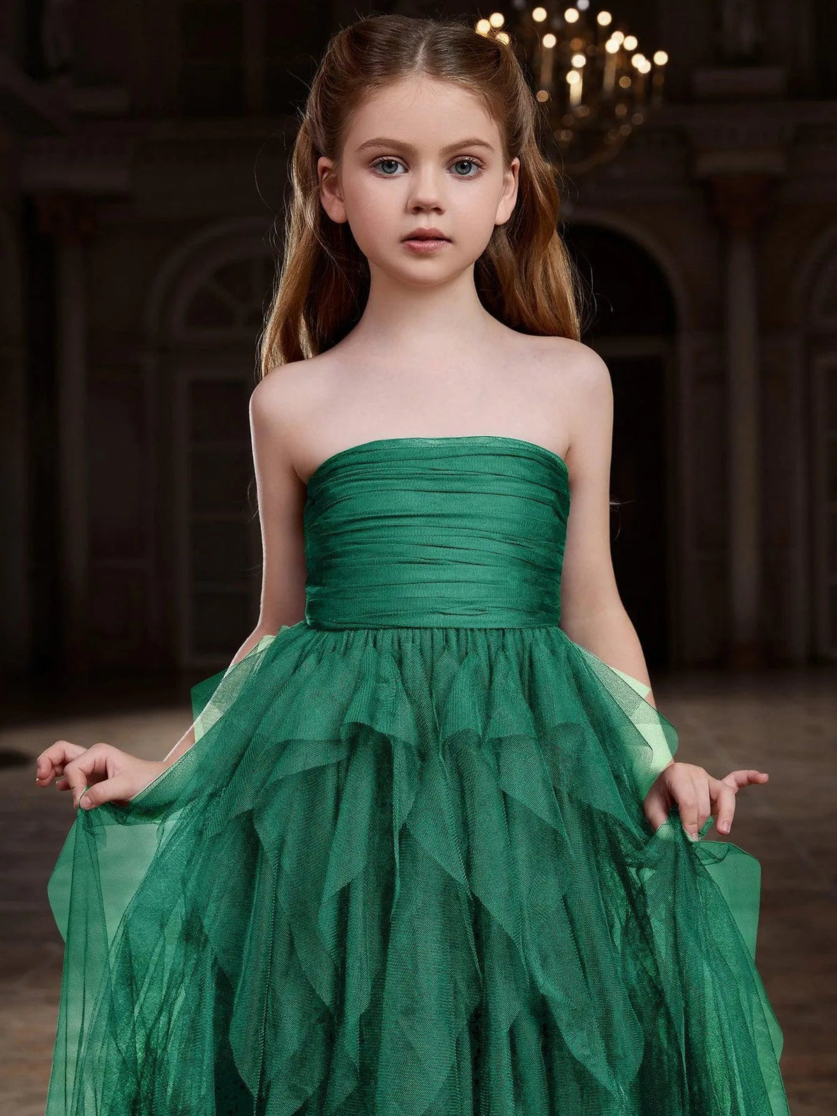 Additional product view of Layered Hem Strapless A-Line Sleeveless Mesh Tween Girls' Party Dress