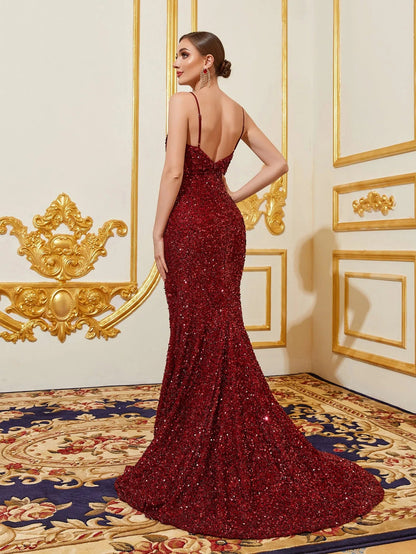 Additional product view of Cami Strap Plunging-Neck Sequin Mermaid Sleeveless Evening Gown