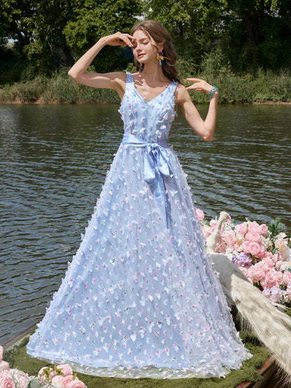 Floral Applique Tulle V-Neck Sleeveless Evening Dress — authorized product image 7