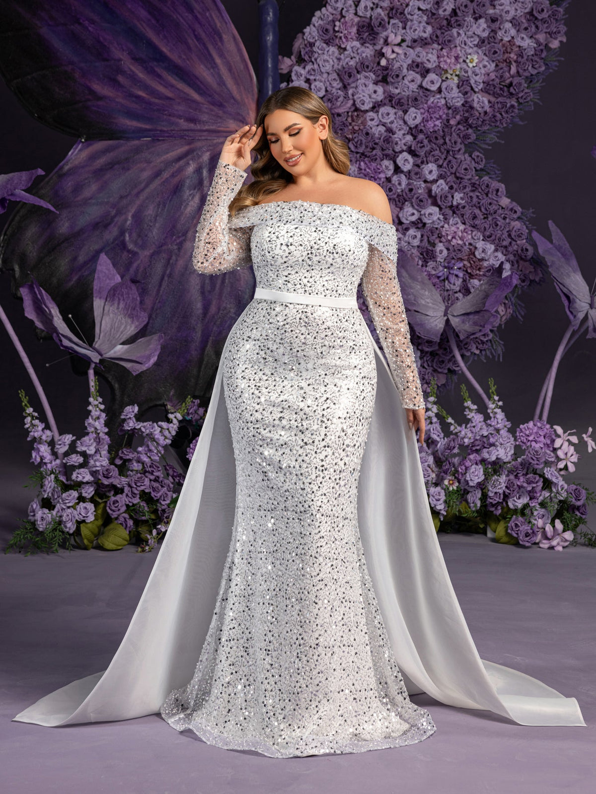 Additional product view of Mermaid Hem Plus-Size Satin Off-Shoulder Long-Sleeve Wedding Dress