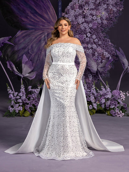 Additional product view of Mermaid Hem Plus-Size Satin Off-Shoulder Long-Sleeve Wedding Dress