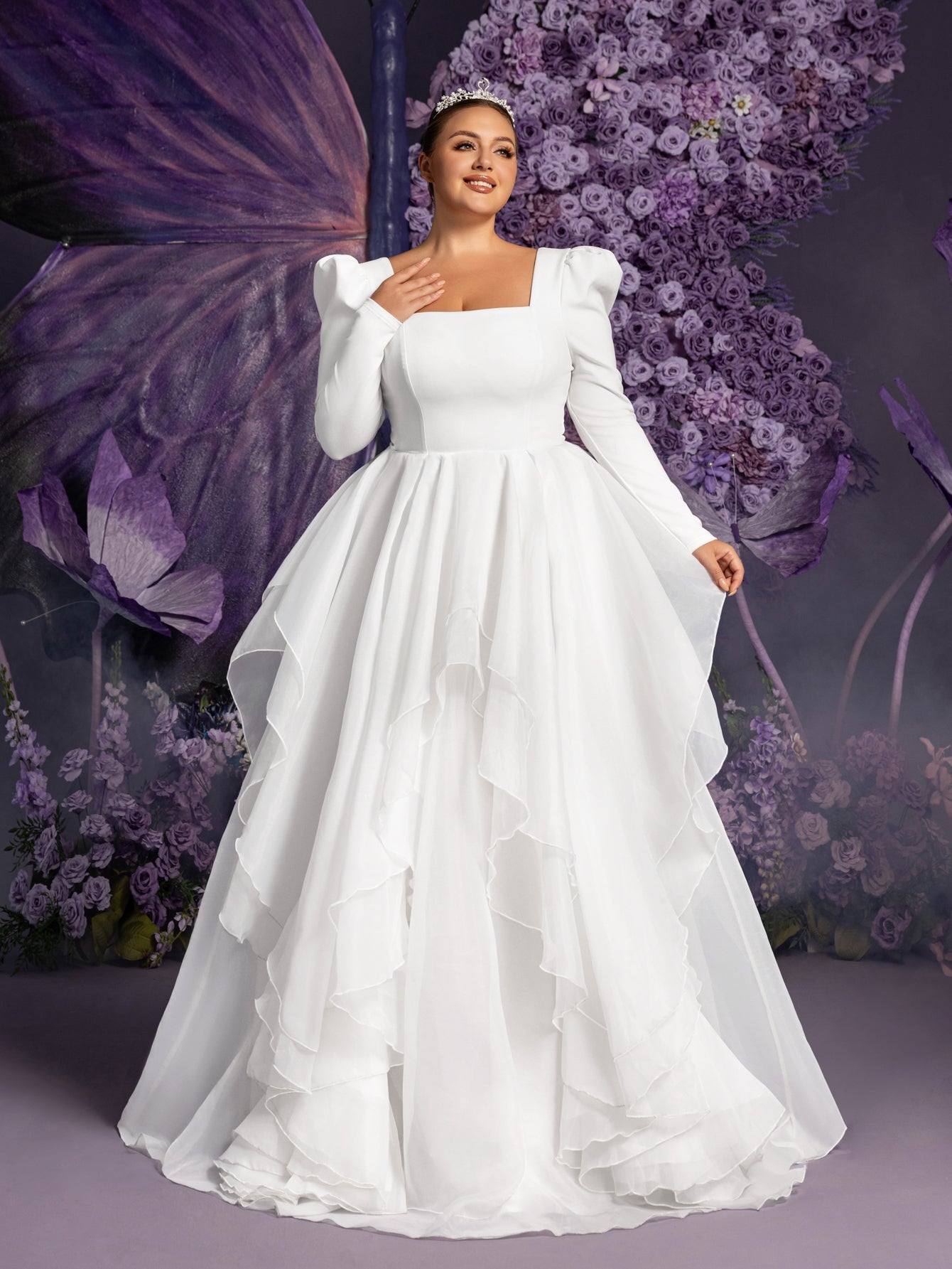 Plus-Size Square Neck Ruffle Long-Sleeve A-Line Wedding Gown — authorized product image 3
