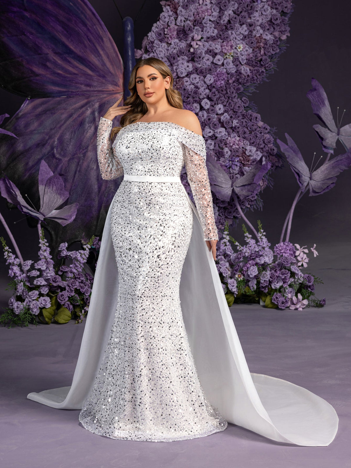 Additional product view of Mermaid Hem Plus-Size Satin Off-Shoulder Long-Sleeve Wedding Dress