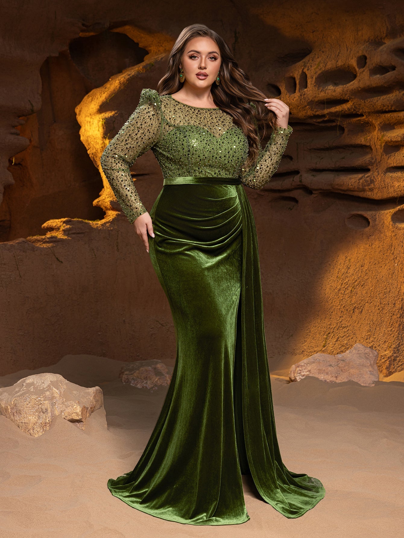 Plus Luxury Formal Gown with Sequin Bodice, Puffed Sleeves, Velvet High-Slit Skirt