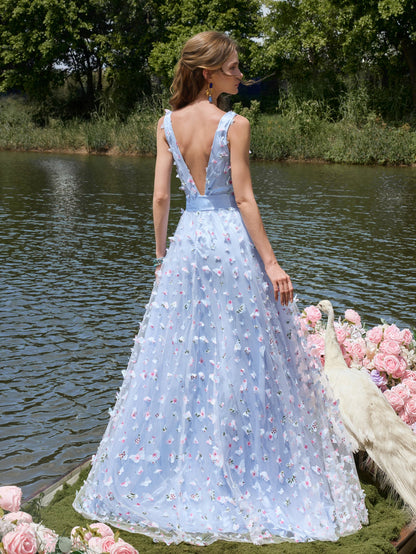 Floral Applique Tulle V-Neck Sleeveless Evening Dress — authorized product image 2