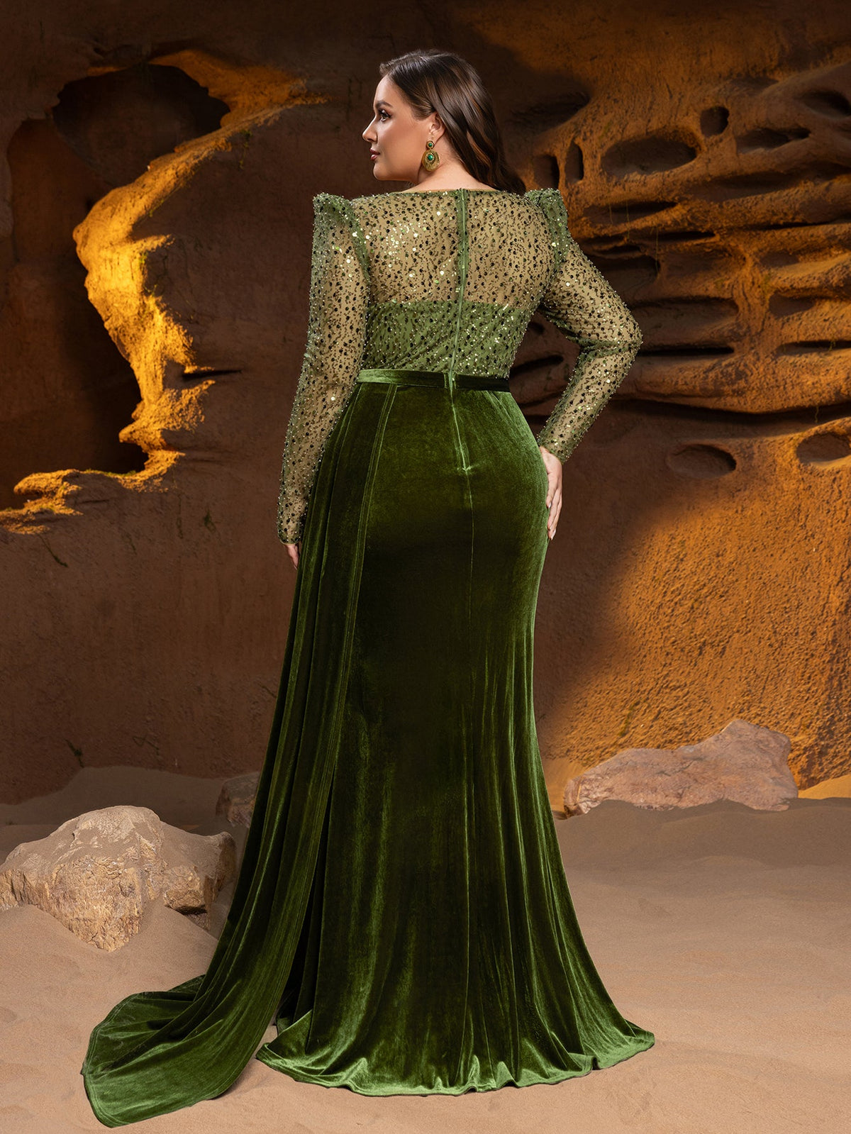 Plus Luxury Formal Gown with Sequin Bodice, Puffed Sleeves, Velvet High-Slit Skirt