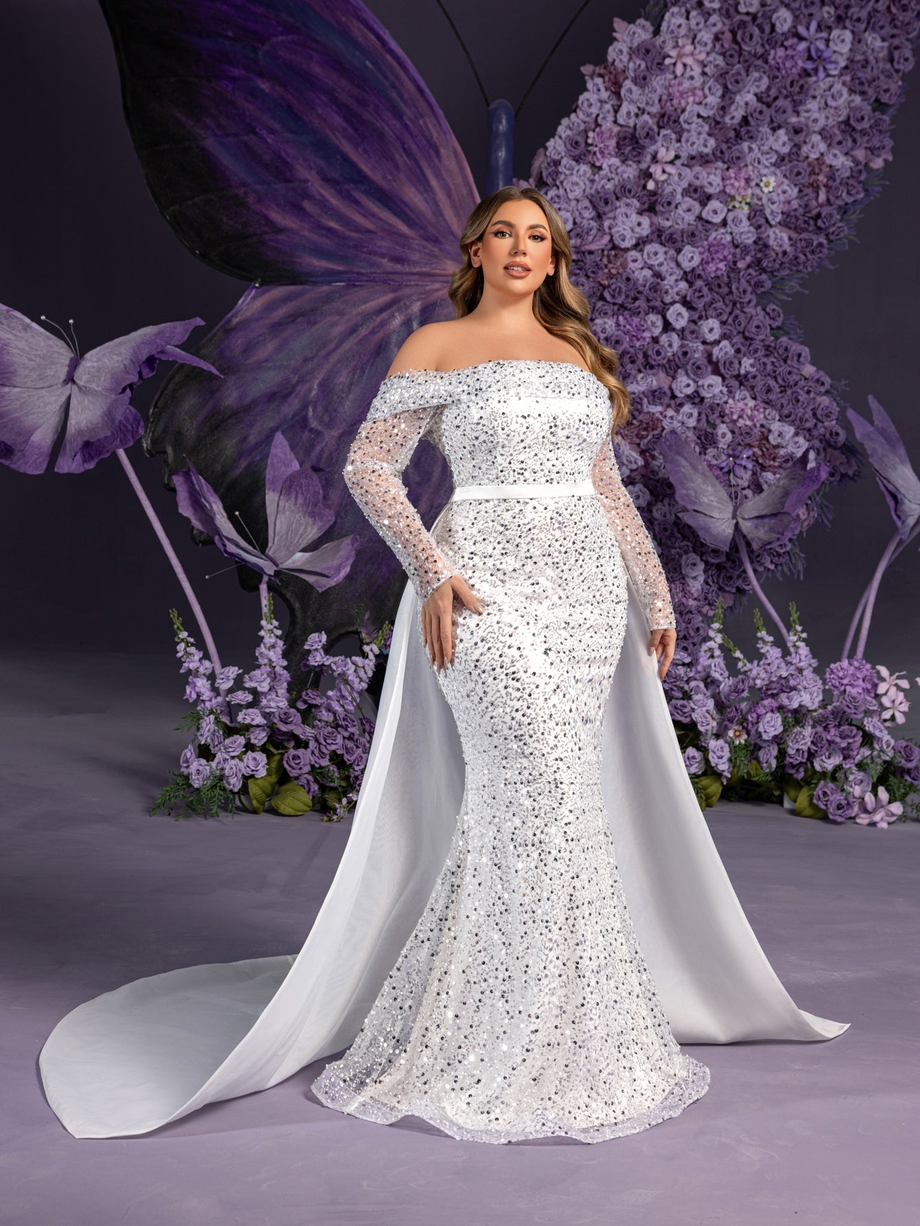 Additional product view of Mermaid Hem Plus-Size Satin Off-Shoulder Long-Sleeve Wedding Dress
