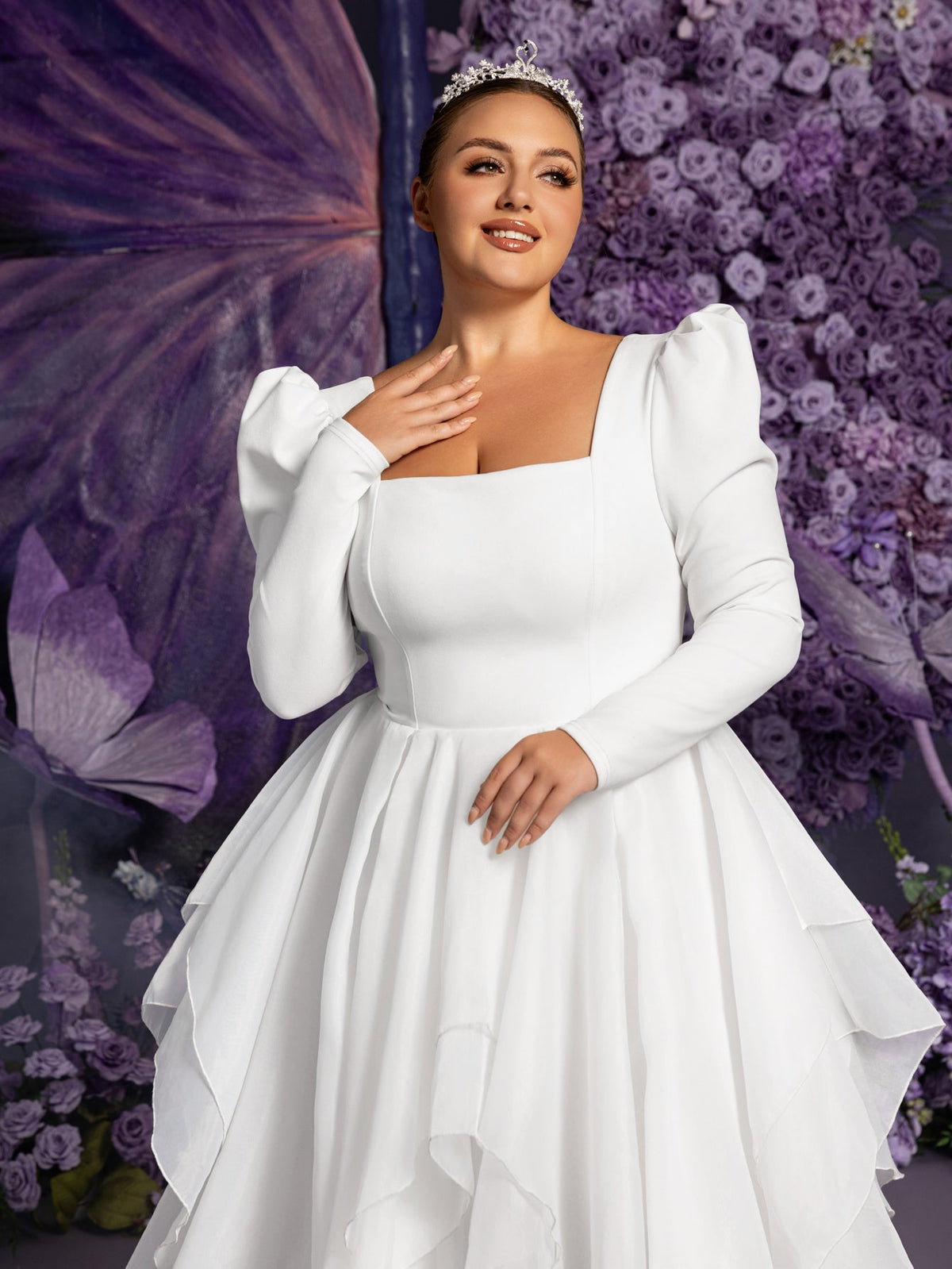 Plus-Size Square Neck Ruffle Long-Sleeve A-Line Wedding Gown — authorized product image 6