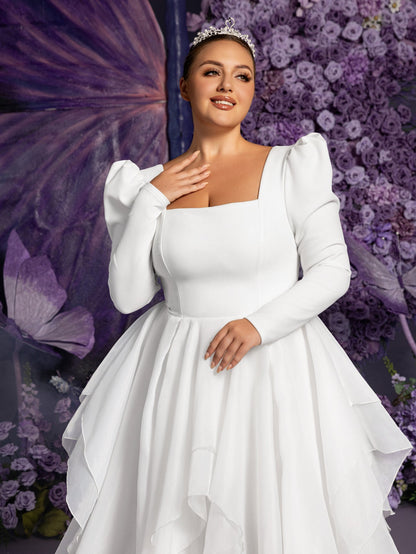 Plus-Size Square Neck Ruffle Long-Sleeve A-Line Wedding Gown — authorized product image 6