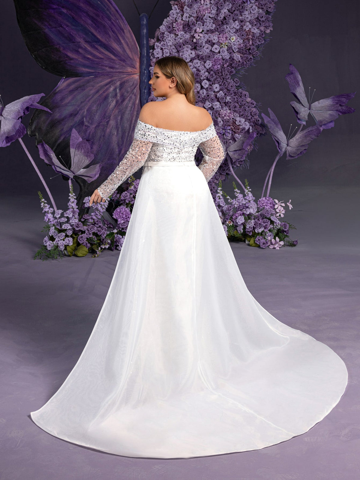 Additional product view of Mermaid Hem Plus-Size Satin Off-Shoulder Long-Sleeve Wedding Dress