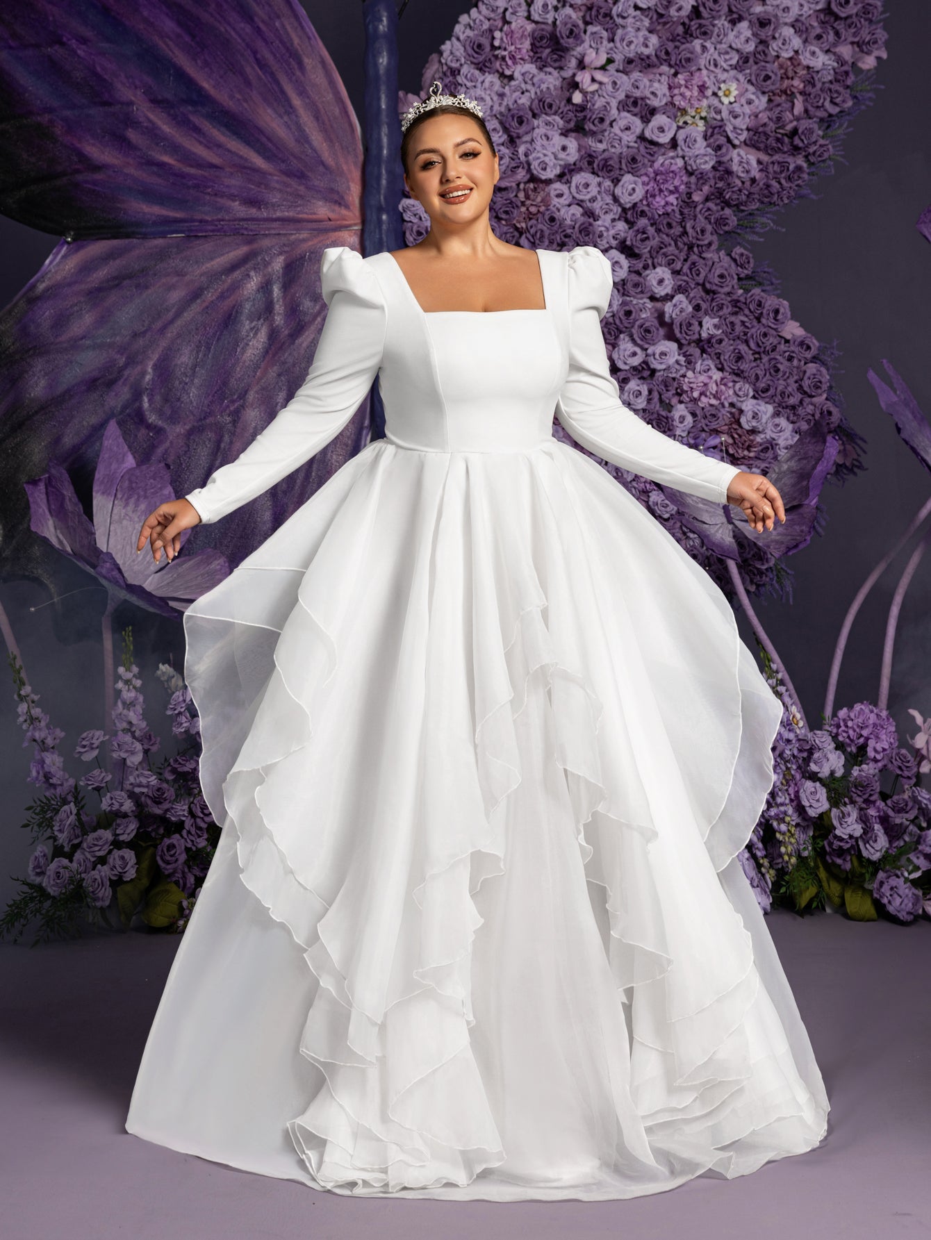 Plus-Size Square Neck Ruffle Long-Sleeve A-Line Wedding Gown — authorized product image 4