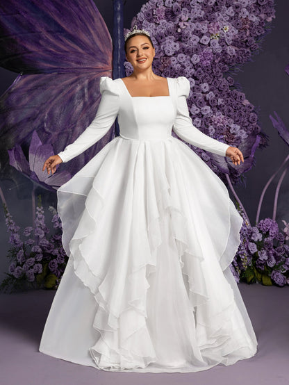 Plus-Size Square Neck Ruffle Long-Sleeve A-Line Wedding Gown — authorized product image 4
