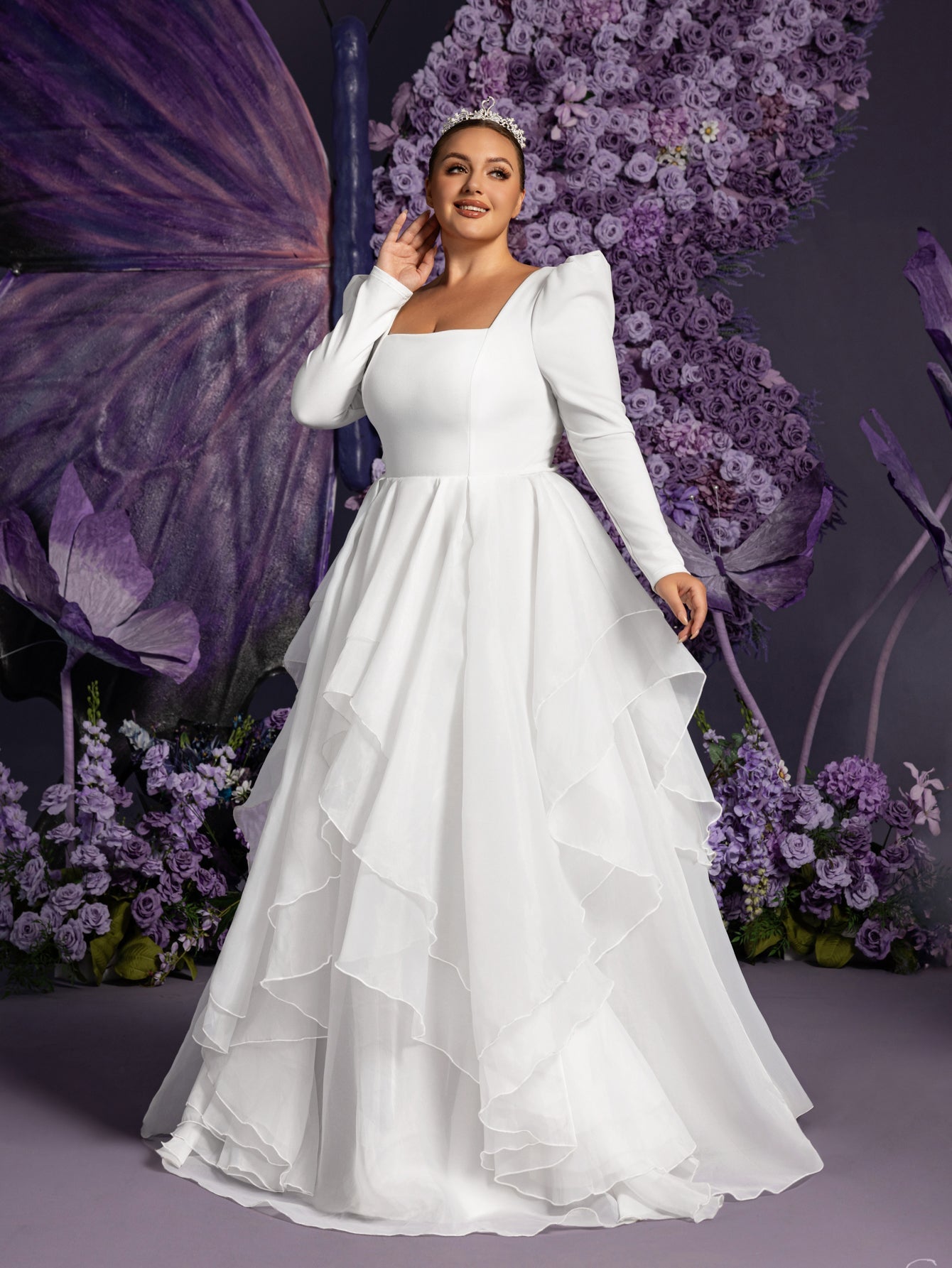 Plus-Size Square Neck Ruffle Long-Sleeve A-Line Wedding Gown — authorized product image 5