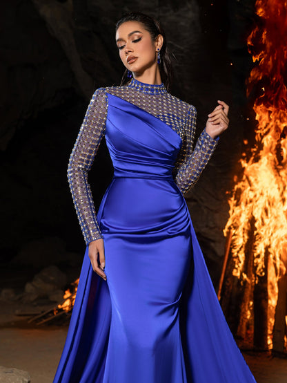 Elegant Beaded Sheer Long Sleeve Gown | High Neck & Satin Mermaid Skirt