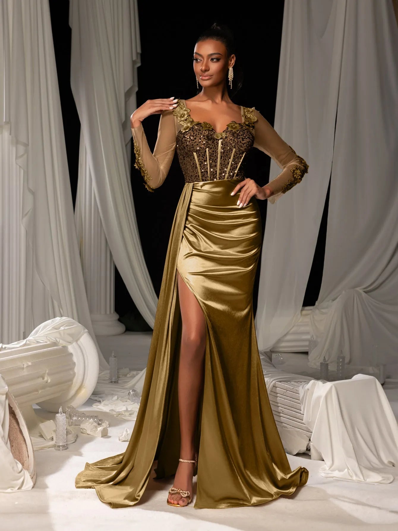 Sequin Bodice Sheer Sleeve Mermaid Hem Satin Evening Dress in Coffee