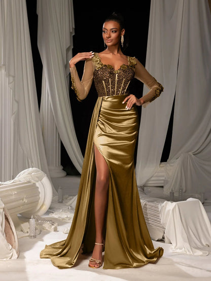 Sequin Bodice Sheer Sleeve Mermaid Hem Satin Evening Dress in Coffee