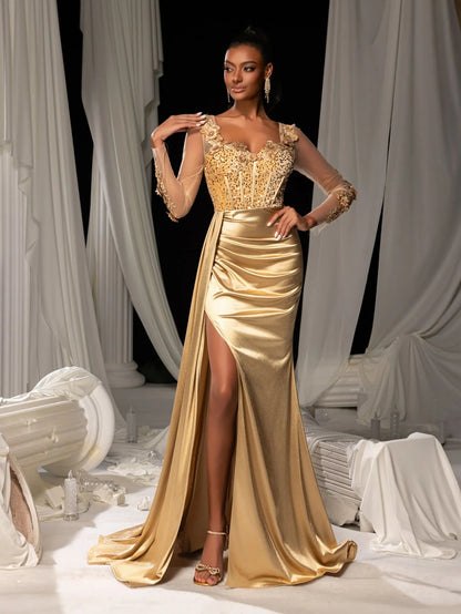 Sequin Bodice Sheer Sleeve Mermaid Hem Satin Evening Dress in Champagne
