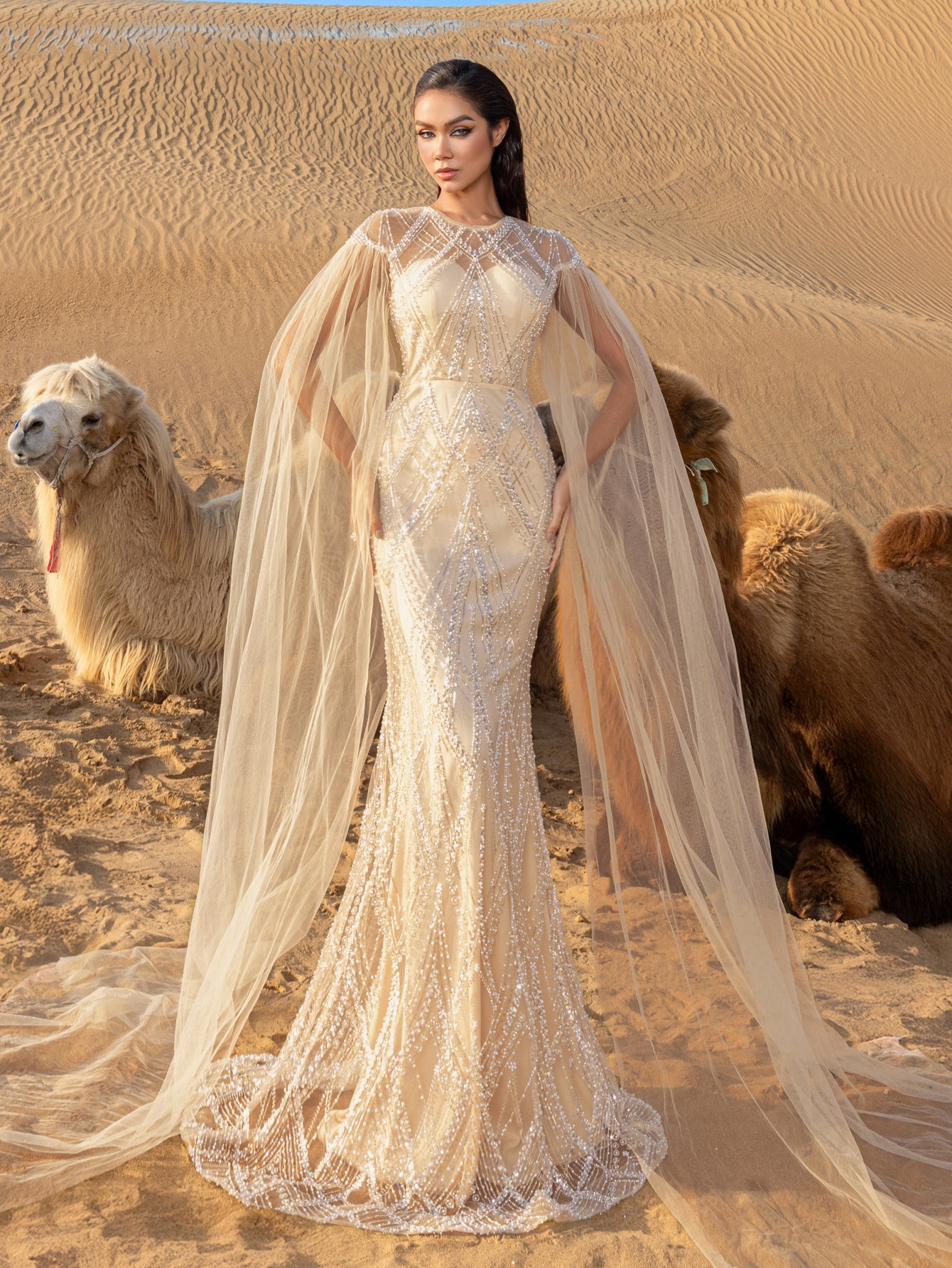 Luxury Gorgeous Sheer Cloak Sleeves Mermaid Hem Beaded Evening Dress – view 19