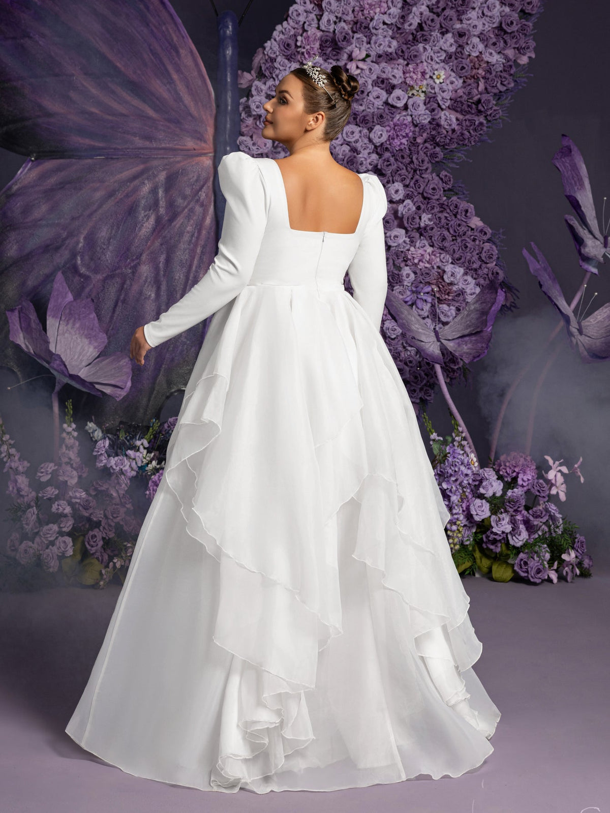Plus-Size Square Neck Ruffle Long-Sleeve A-Line Wedding Gown — authorized product image 2