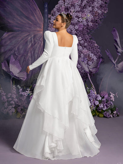 Plus-Size Square Neck Ruffle Long-Sleeve A-Line Wedding Gown — authorized product image 2