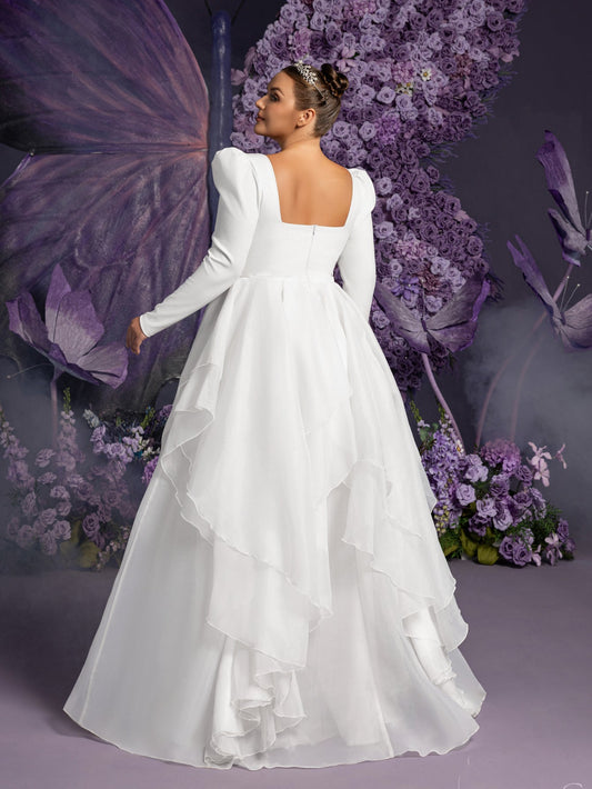 Plus-Size Square Neck Ruffle Long-Sleeve A-Line Wedding Gown — authorized product image 2