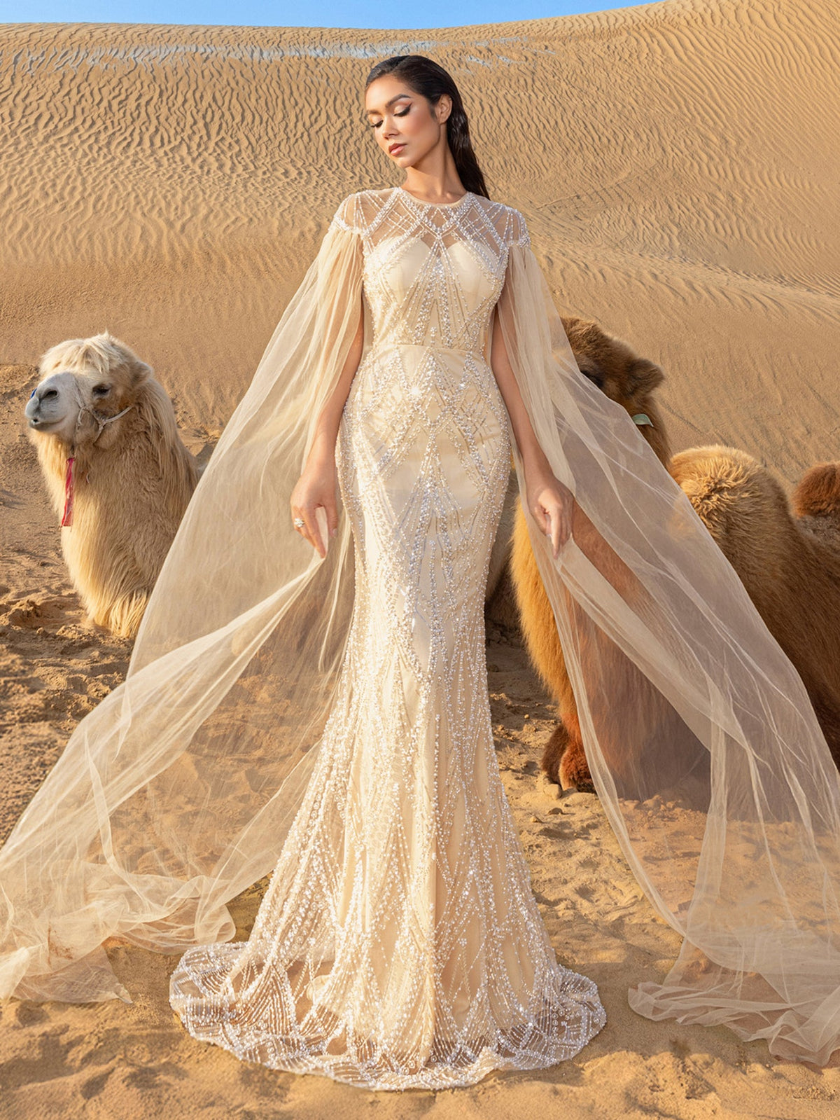 Luxury Gorgeous Sheer Cloak Sleeves Mermaid Hem Beaded Evening Dress – view 20