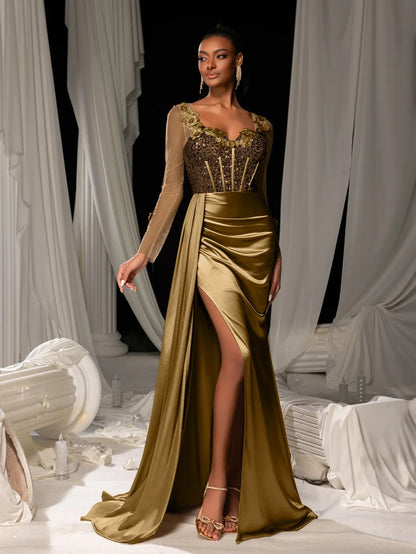 Additional view of Sequin Bodice Sheer Sleeve Mermaid Hem Satin Evening Dress