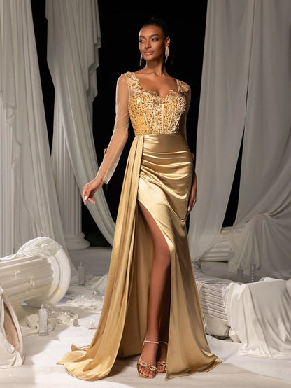 Additional view of Sequin Bodice Sheer Sleeve Mermaid Hem Satin Evening Dress