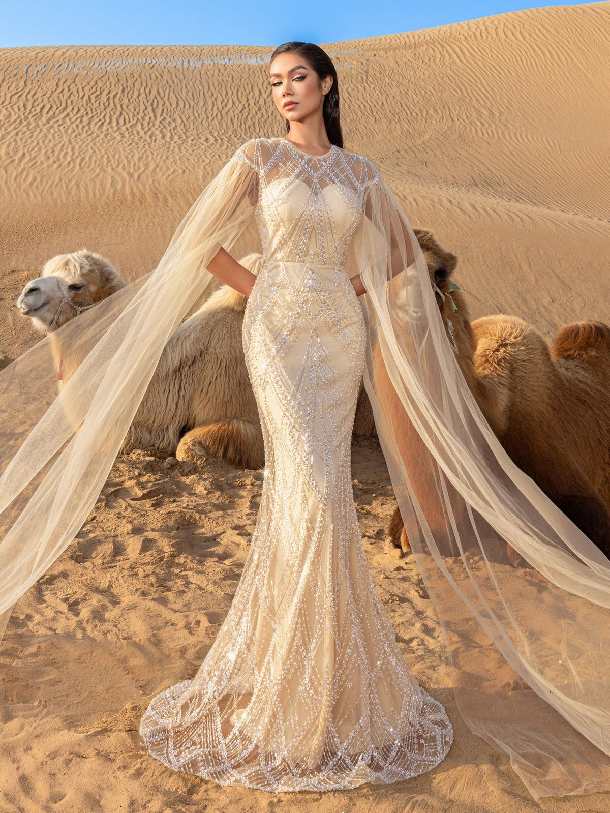 Luxury Gorgeous Sheer Cloak Sleeves Mermaid Hem Beaded Evening Dress – view 21