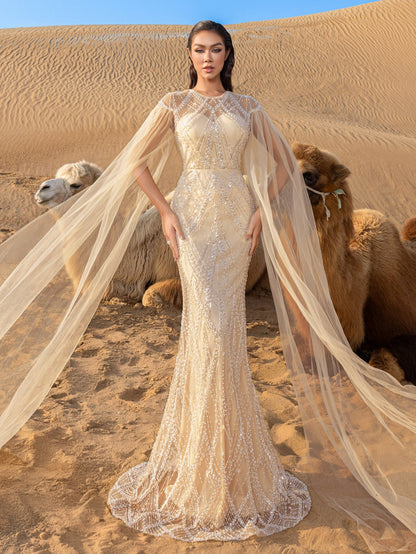 Luxury Gorgeous Sheer Cloak Sleeves Mermaid Hem Beaded Evening Dress – view 17