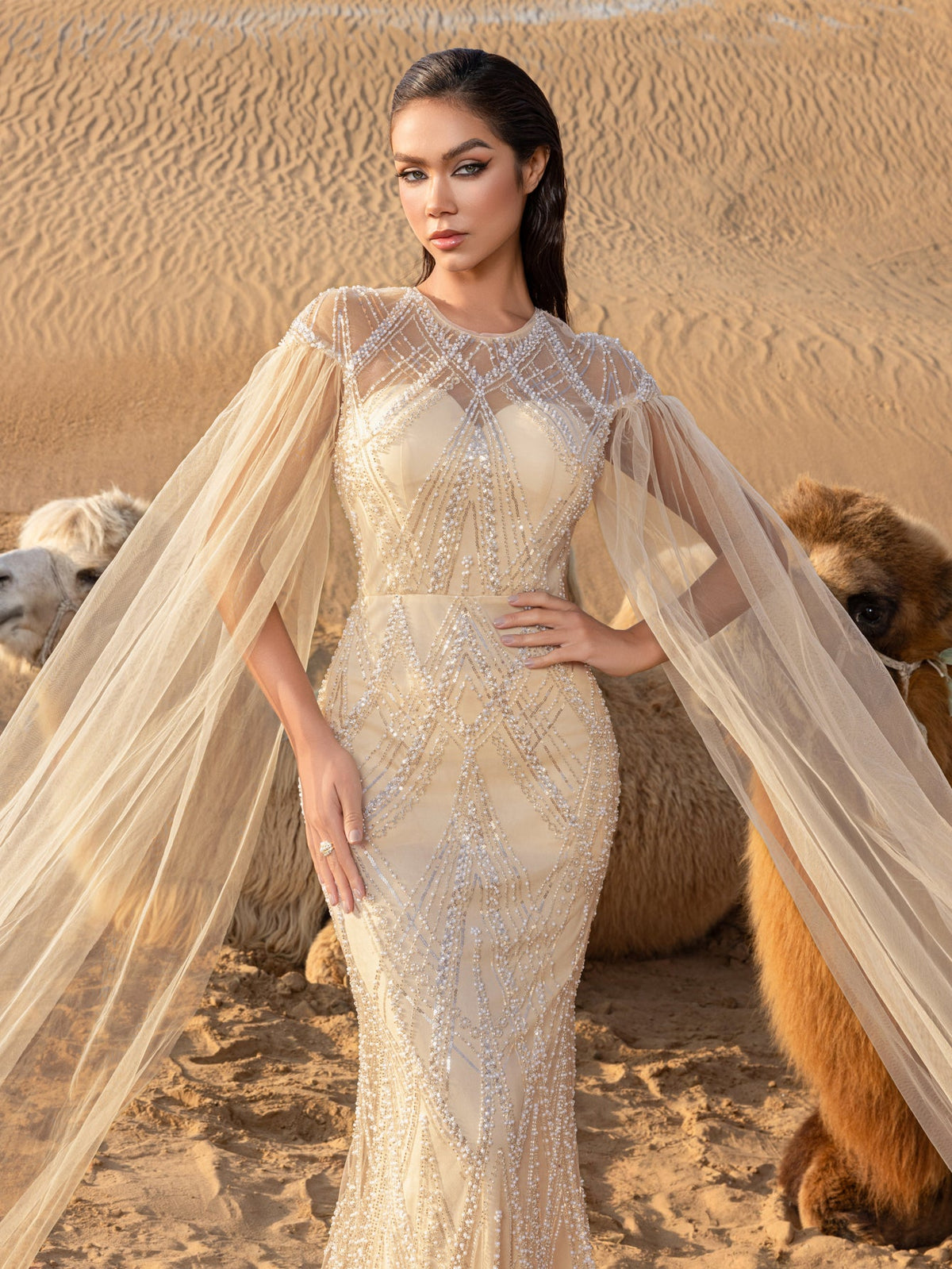 Luxury Gorgeous Sheer Cloak Sleeves Mermaid Hem Beaded Evening Dress – view 22