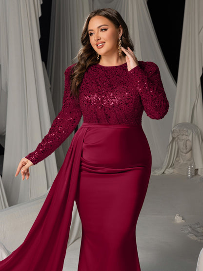 Plus Round Neck Long Sleeves Formal Evening Dress with Sequin Bodice and Satin Mermaid Skirt