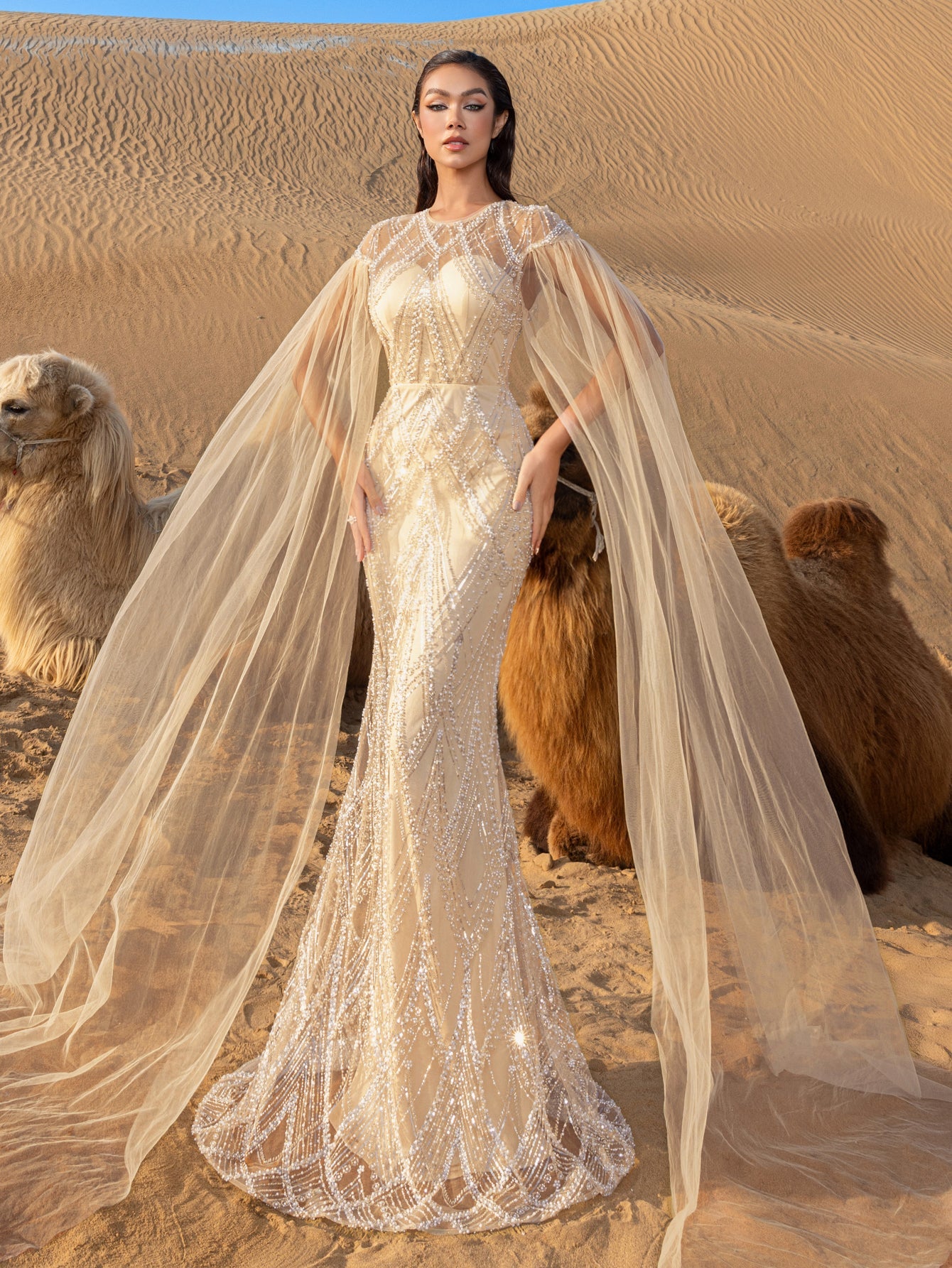 Luxury Gorgeous Sheer Cloak Sleeves Mermaid Hem Beaded Evening Dress – view 23