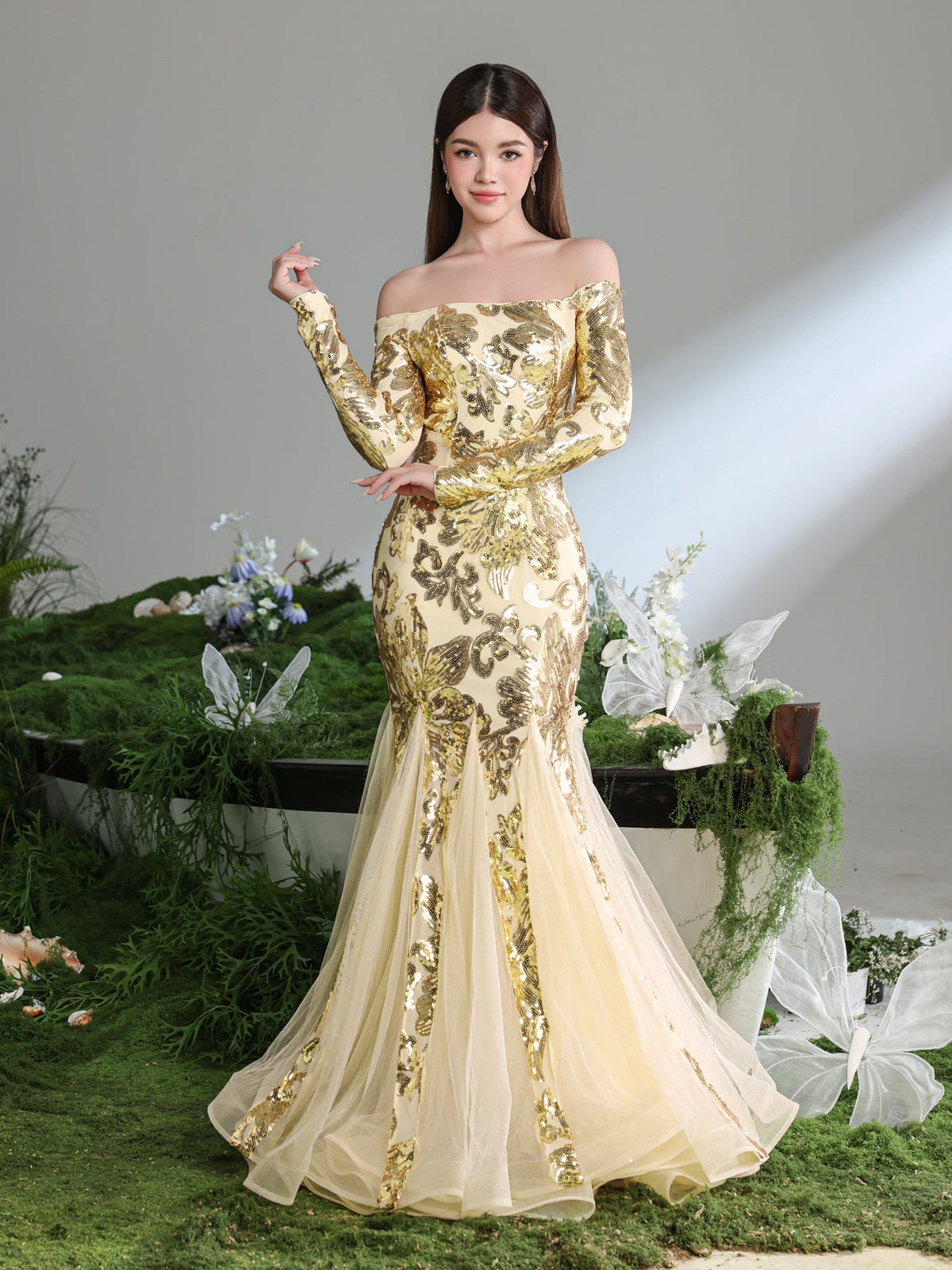 Additional product view of Contrast Mesh Mermaid Hem Off-Shoulder Sequin Long-Sleeve Teen Girls' Party Dress