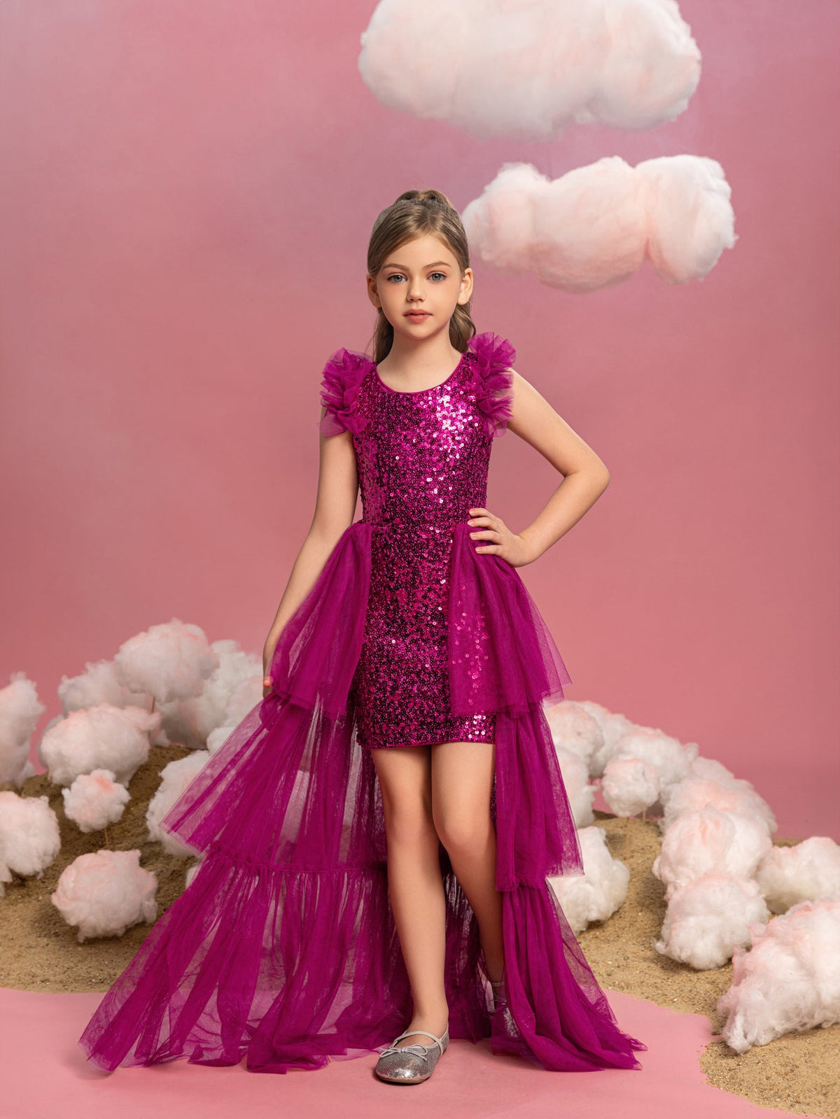Alternate view of Layered Hem Sequin A-Line Sleeveless Mesh Midi Tween Girls' Party Dress in Hot Pink