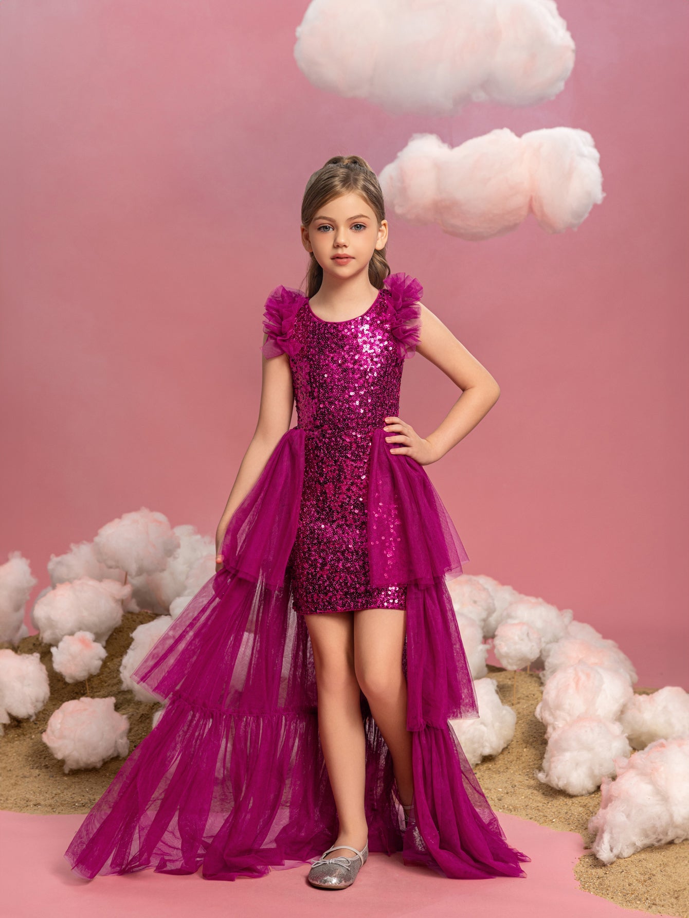 Alternate view of Layered Hem Sequin A-Line Sleeveless Mesh Midi Tween Girls' Party Dress in Hot Pink