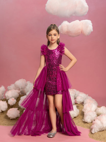 Alternate view of Layered Hem Sequin A-Line Sleeveless Mesh Midi Tween Girls' Party Dress in Hot Pink