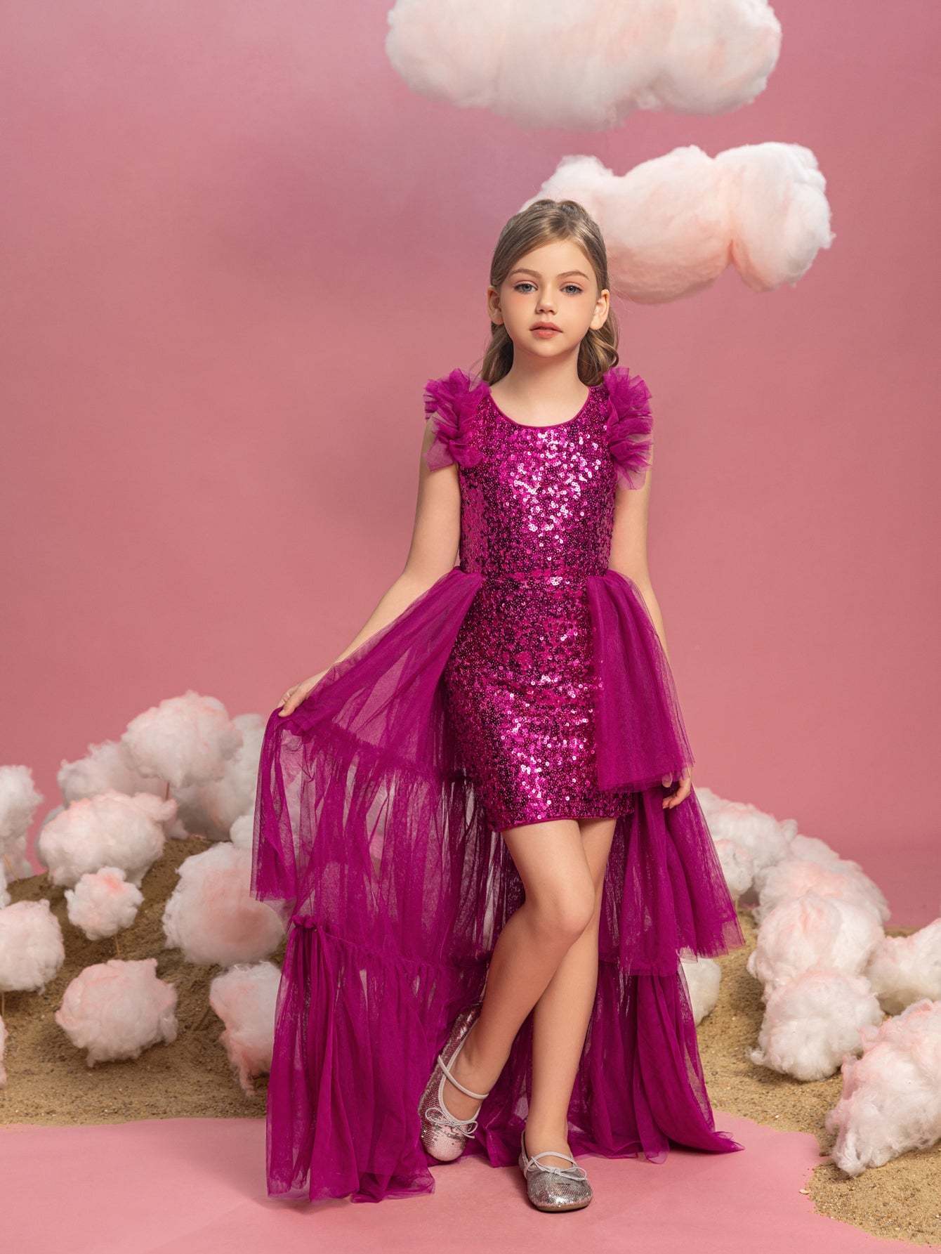 Additional product view of Layered Hem Sequin A-Line Sleeveless Mesh Midi Tween Girls' Party Dress