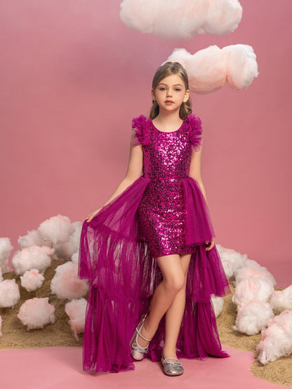 Additional product view of Layered Hem Sequin A-Line Sleeveless Mesh Midi Tween Girls' Party Dress