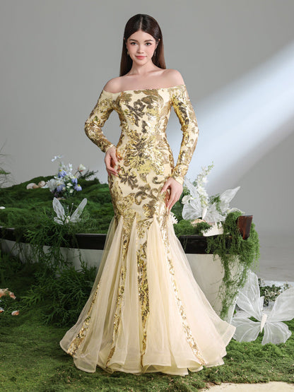 Additional product view of Contrast Mesh Mermaid Hem Off-Shoulder Sequin Long-Sleeve Teen Girls' Party Dress