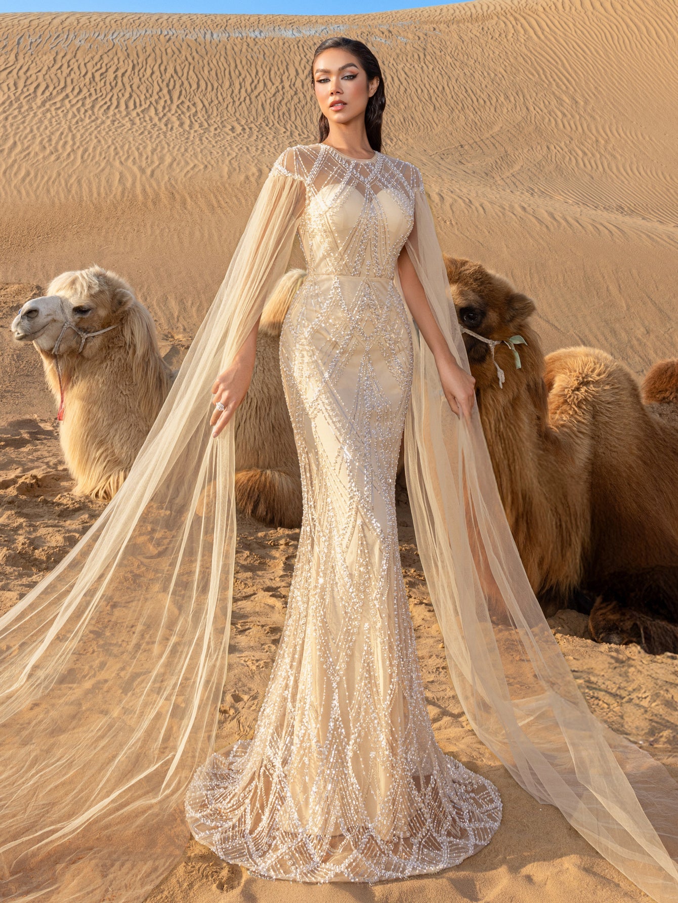 Luxury Gorgeous Sheer Cloak Sleeves Mermaid Hem Beaded Evening Dress – view 24