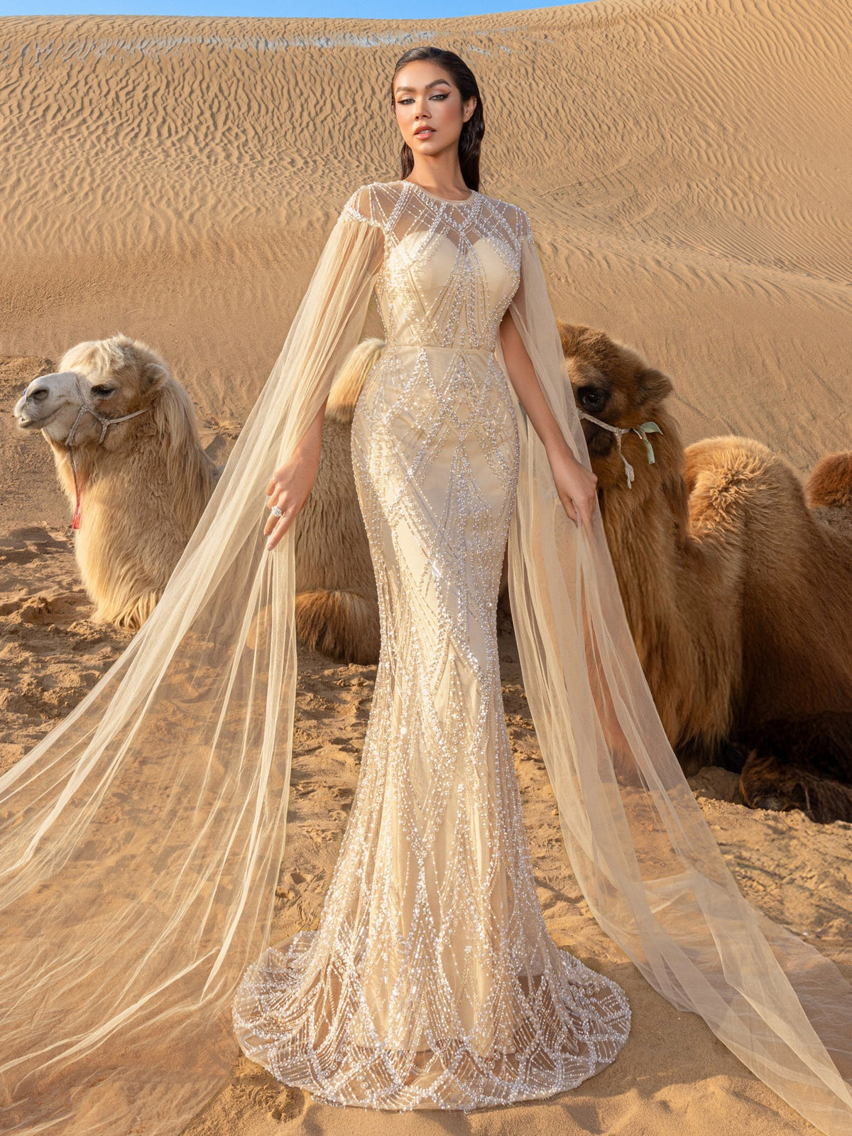 Luxury Gorgeous Sheer Cloak Sleeves Mermaid Hem Beaded Evening Dress – view 24