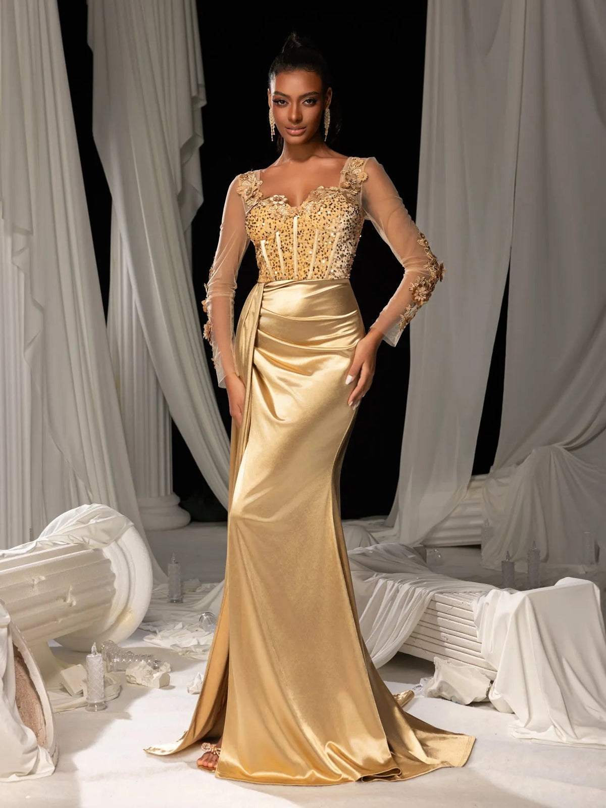 Additional view of Sequin Bodice Sheer Sleeve Mermaid Hem Satin Evening Dress